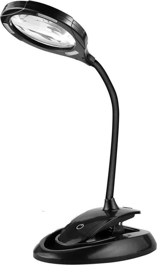 2 in 1 Vergrootglas 5X 10X Oplaadbare LED Lamp met Tafelklem Vergrootlamp 15 Led Licht 3 Instelbare Helderheid met Flexibele Nekklem voor Werken Lezen Reparaties en Doe-het-zelvers Zwart