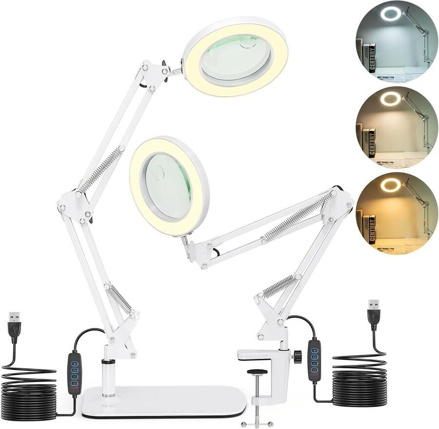 2-in-1 vergrootglas met licht en standaard 15 x 10 x led-vergrootlamp met klem en basis bureaulamp met 3 kleurmodi dimbaar vergrootlamp voor hobby knutselen werkplek led-leeslamp