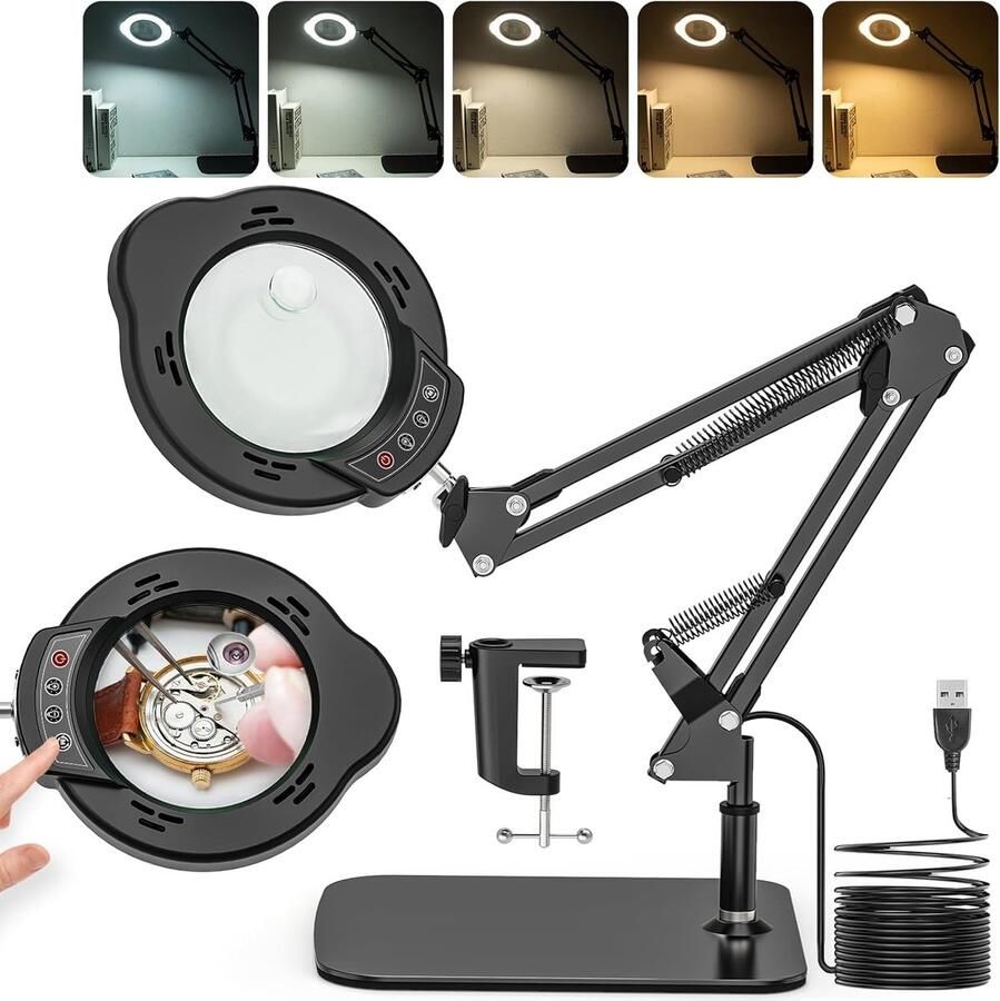 2-in-1 vergrootglas met licht en standaard 15 x 10 x vergrootlamp met klem en basis led-bureauvergrootlamp met 5 kleurmodi en 10 helderheidsniveaus voor hobbyambachten reparatie lezen