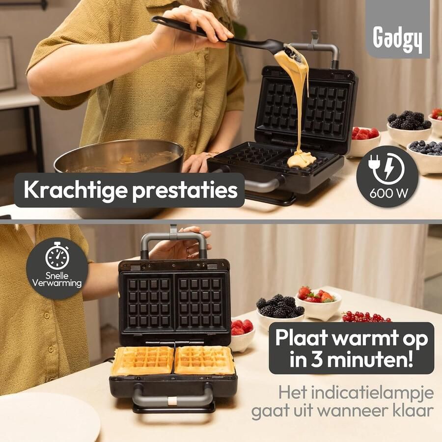 2-in-1 Wafel- en Sandwichmaker 800W – Afneembare Non-Stick Platen – Thermostaat – Cool-Touch Handvat – Controlelampjes – Verticale Opslag – Mat Zwart Zilver – Antislipvoetjes