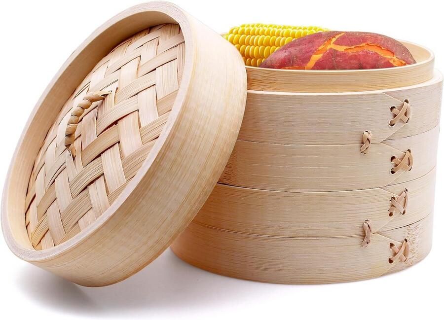 2-laags Bamboe Stoommand Set met Deksel en Siliconen Matten 21 cm