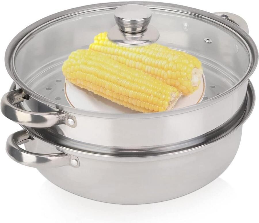 2-Laags Stoompan 28 cm RVS Stomer voor Groenten Vis en Dim Sum