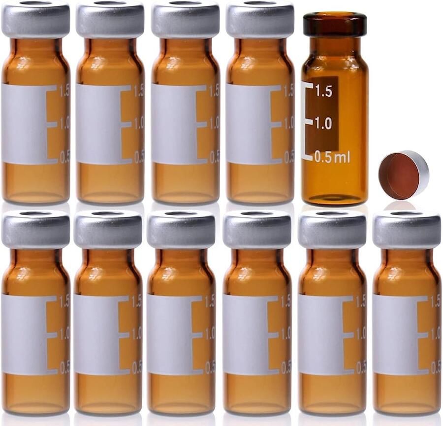 2 ml bruin glazen flesje met platte bodem 11 mm brede opening open felssluiting met transparant PTEF natuurlijk rubber rood-oranje septa 1 mm dik. Kit verpakking 100 stks pk