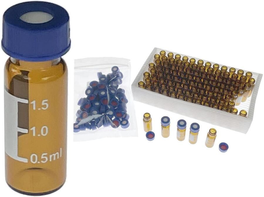 2 ml HPLC-injectieflacons Lab autosampler injectieflacons 9-425 heldere flesjes met schrijfoppervlak en graduaties schroefdop rode PTFE en witte siliconen septa 100 stuks verpakking (Amber)