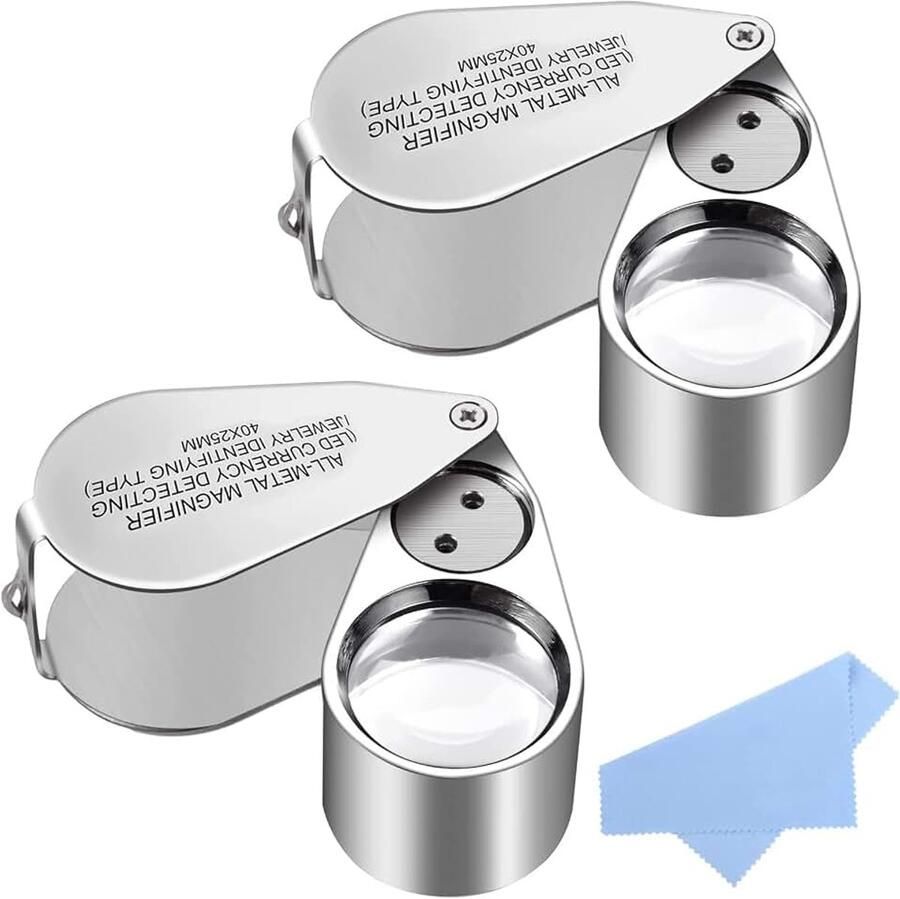 2-pack 40X Volledig metalen verlichte juwelenlus vergrootglas Delixike zakvouwende vergrootglas juweliers oog loep met LED (LED valuta detectie juwelen identificatie)