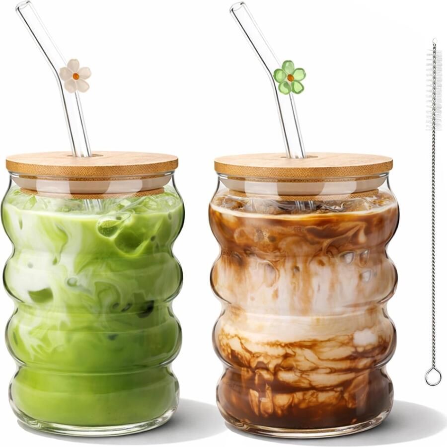 2 Pack 480 ml ijskoffie glazen bekers met deksels en rietjes Herbruikbare Matcha glazen bekers voor smoothies sap bier en koude dranken