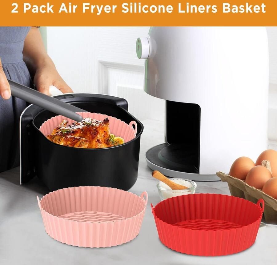 2-Pack 8.5 Airfryer Siliconen Liner Siliconen Airfryer Mand Hittebestendig Herbruikbare Airfryers Siliconen Pot Rond voor 5QT Airfryer Oven Accessoires (Rood+Roze)