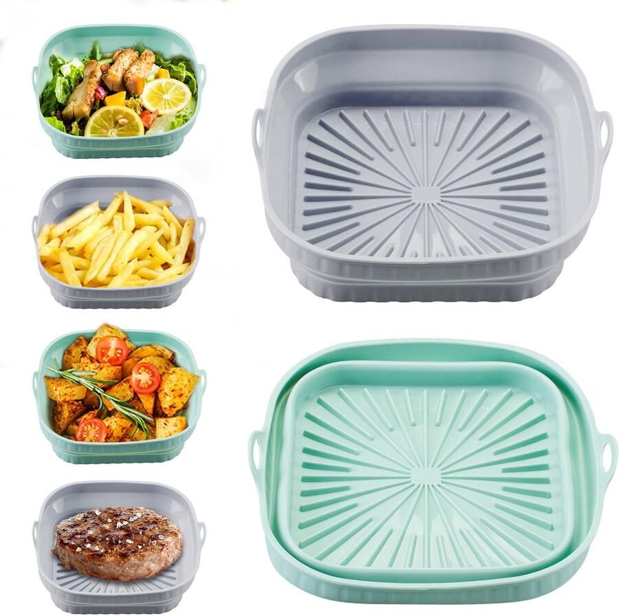 2-pack airfryer siliconen mat 8-inch vierkant grijs + groen gemakkelijk schoon te maken vaatwasserbestendig opvouwbaar siliconen vierkant