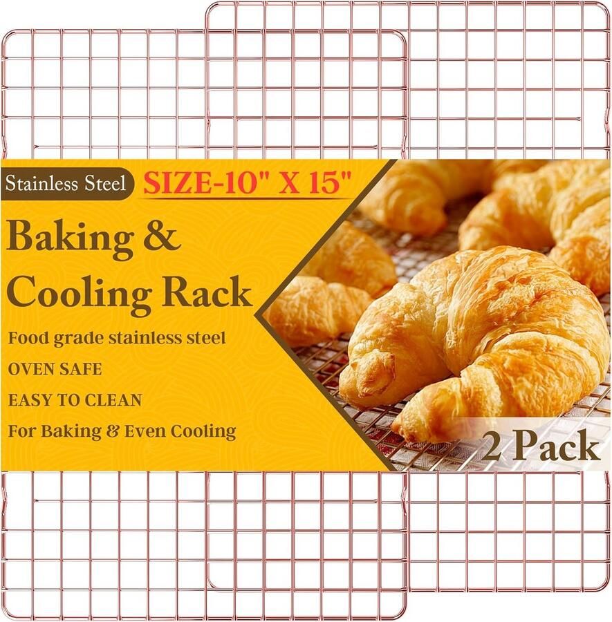 2-Pack Cooling Racks for Cooking & Baking 10 x 15 Heavy Duty Stainless Steel Wire Rack for Baking Grilling Roasting Oven and Dishwasher Safe Fits Jelly Roll Sheet Pan-Rose Gold