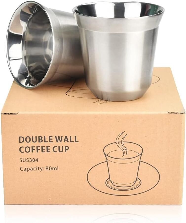2-pack roestvrijstalen Espresso Kopjes Dubbelwandige Geïsoleerde Koffie Mokken roestvrijstalen Demitasse Kopjes Hittebestendige Espresso Koffie Kopjes voor Thuis Koffie Winkel Dessert Winkel