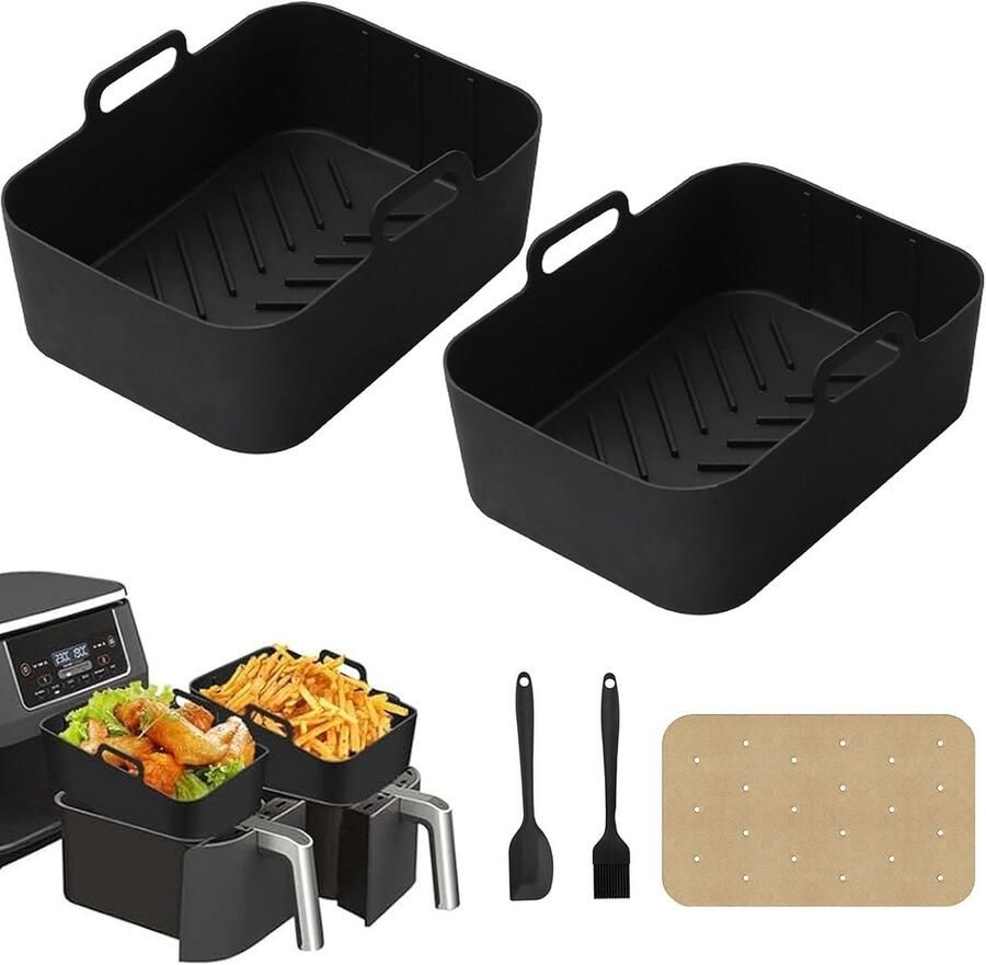 2 Pieces Silicone Air Fryer Liners Reusable Liners Easy Cleaning Rectangular Trays Airfryer Accessory Including Silicone Scraper Silicone Brush 150 Sheets Oil Paper