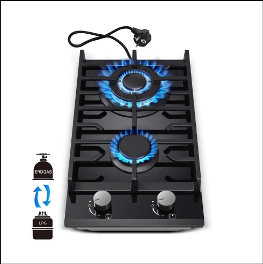 2-Pits Keramisch Glas Ingebouwd Gasfornuis – LPG Propaan – Smoothtop – Gemakkelijk Schoon Te Maken – Modern Zwarte Afwerking