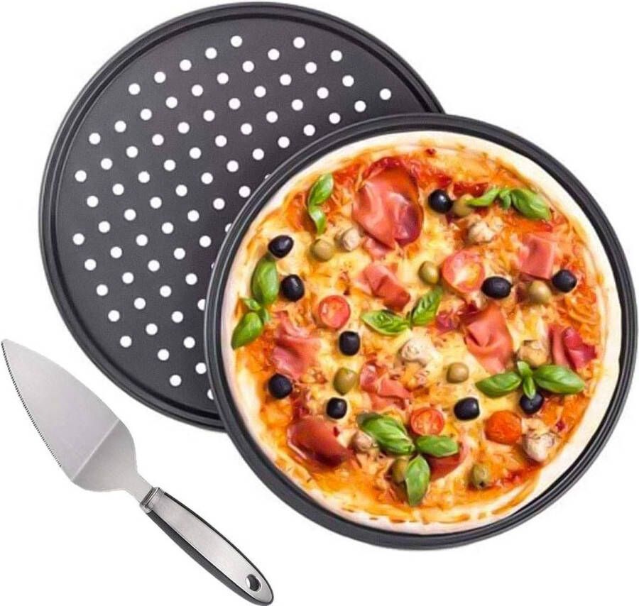 2 pizzapannen cirkelvormige geperforeerde anti-aanbakpizzapan pizzaspatel gereedschapsset voor het koken van knapperige pizza 30 cm pizzapan + pizzaspatel