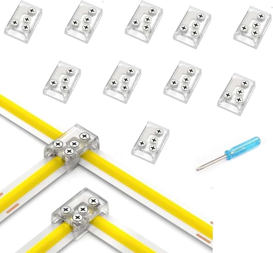 2-polig 10mm Soldeervrije LED-strip connector Geschikt voor 5050 3528 COB SMD eenkleurige LED-strips L-vorm en T-vorm hoekconnector transparant ontwerp inclusief schroevendraaier