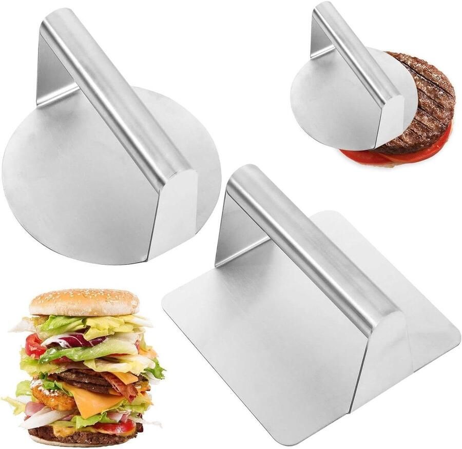 2 Stks Burger Press Rvs Smash Burger Press Ronde Vierkante Hamburger Smasher Bacon Vlees Druk Voor Platte Top Bakplaat Grill Koken