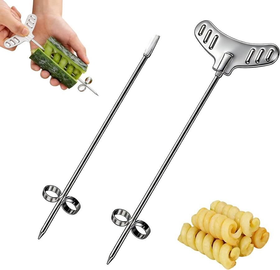 2 stks set aardappelsnijder spiraal roestvrijstalen groentestaaf voor spiraal PE handmatige aardappel wortel komkommer sculptuur roller ing dunschiller tortillo