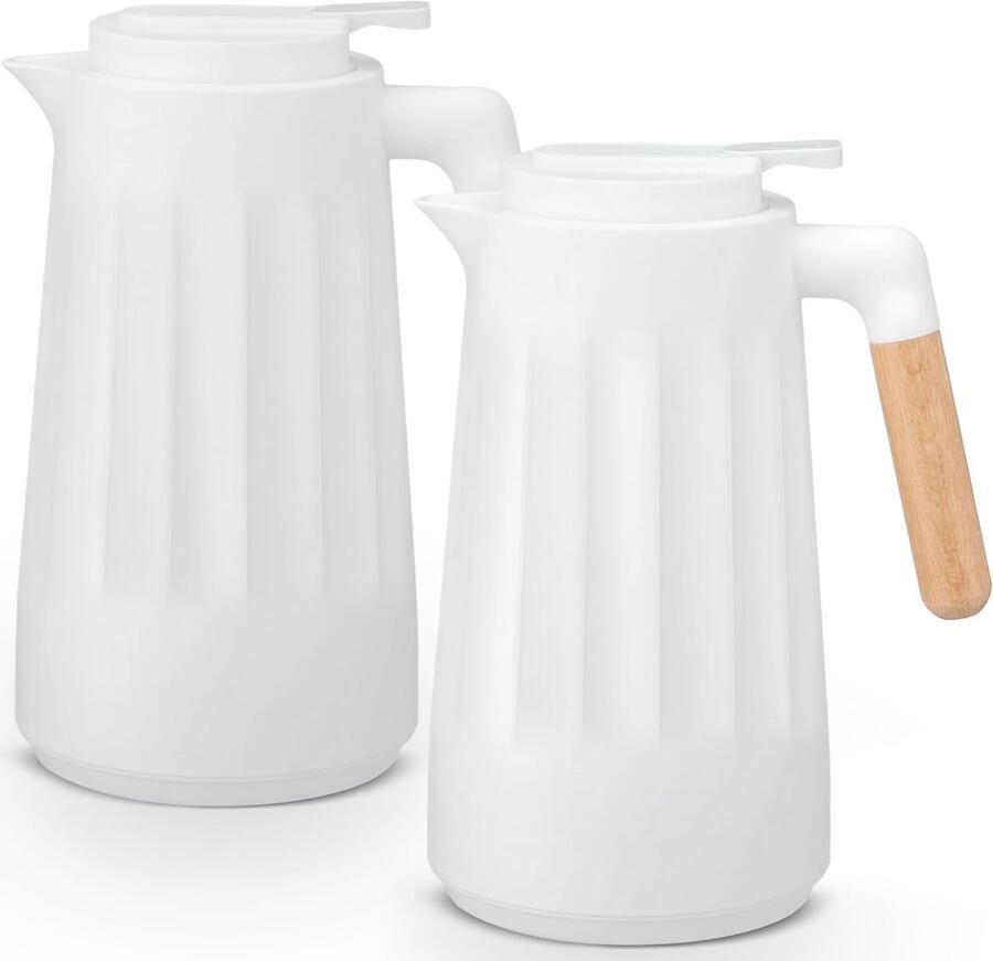 2 Stuks 1 Liter Thermoskan Dubbelwandig Vacuüm Glazen Voering Houten Handvat Houd Heet Of Koud Voor Koffie Thee maker ketel Camping Theepot Waterkoker Melk Wit