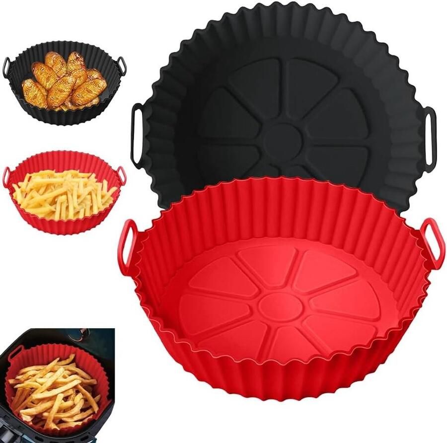 2 stuks 3-5 liter airfryer siliconen voeringen siliconen antiaanbaklaag hoog 20 3 cm onderkant 17 1 cm 2 rode en zwarte siliconen voeringen