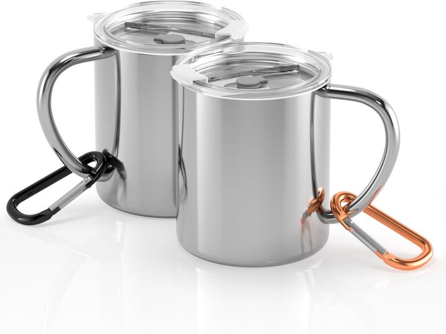 2 stuks 300ml roestvrijstalen campingmokken met deksels en karabijnhaken zilver