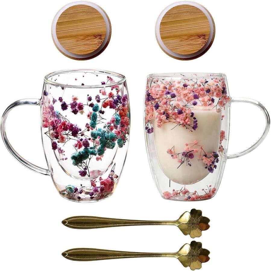 2 stuks 350 ml dubbelwandige koffieglazen: hoogwaardig borosilicaatglas dubbelwandige glazen met echte bloemendroogbloemen thermoglazen dubbelwandige latte macchiatglazen voor koffie en thee