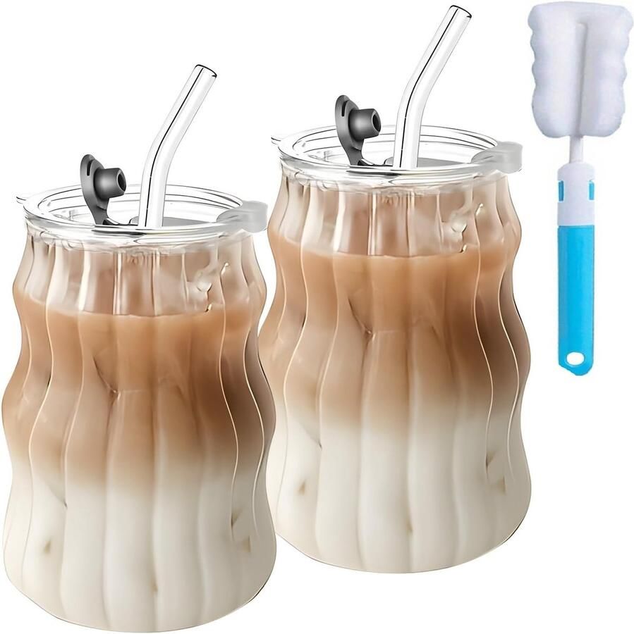 2 stuks 530 ml glazen mokken met rietjes doorzichtige ijskoffie beker matcha geribbelde golvende glazen bekers matcha glazen met deksel en kopborstel voor ijs koffie sap drinken melk thee