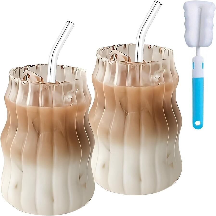2 stuks 530 ml glazen mokken met rietjes doorzichtige ijskoffie beker matcha geribbelde golvende glazen bekers matcha glazen met rietjes borstel en kopborstel voor ijs koffie sap drinken melk thee