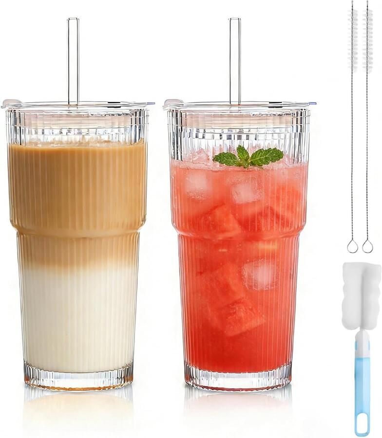 2 stuks 600 ml geribbelde glazen bekers met deksel en rietje transparante glazen waterbeker smoothiebeker van glas ijskoffiebeker longdrinkglazen drinkglazen voor koffie thee sap 2