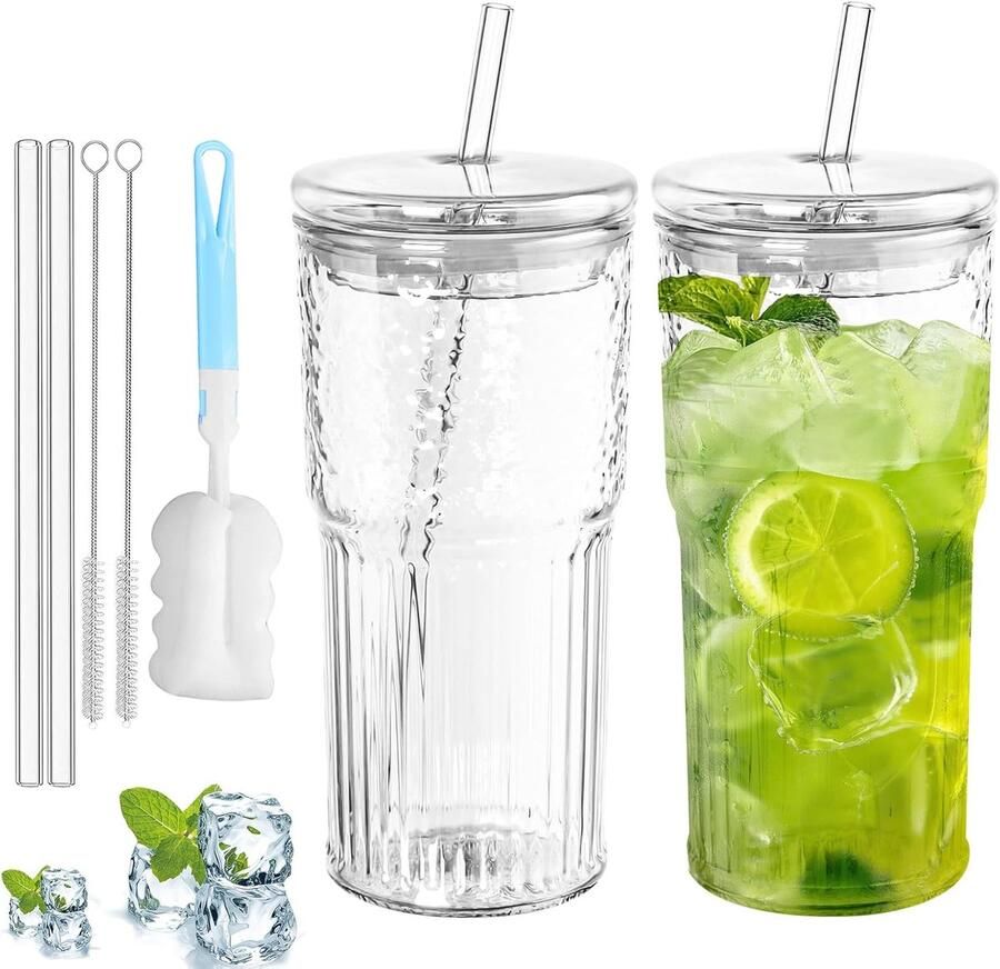 2 stuks 650ml glazen beker: drinkglas met deksel en rietje breedhals Iced Coffee glas van hoogwaardig glas lucht- en waterdicht ontwerp ideaal als koffie