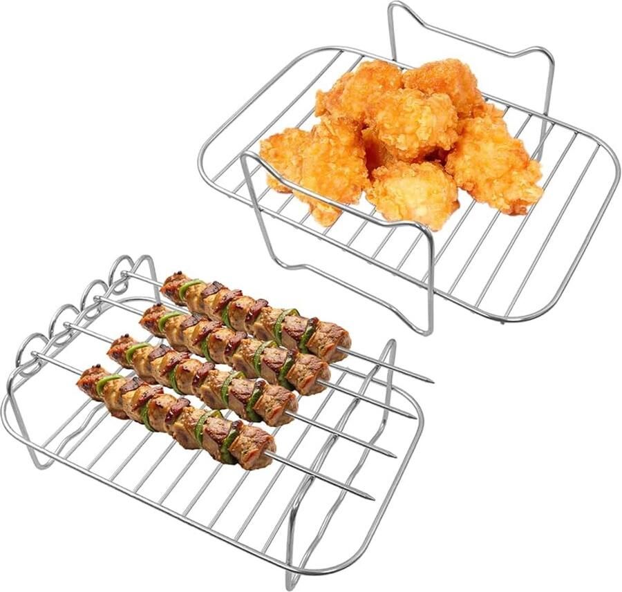 2 stuks Airfryer Racks 304 roestvrij staal gelaagd dehydratorrek met 4 spiesrekken voor Ninja AF500UK en andere dual-zone luchtfriteuses