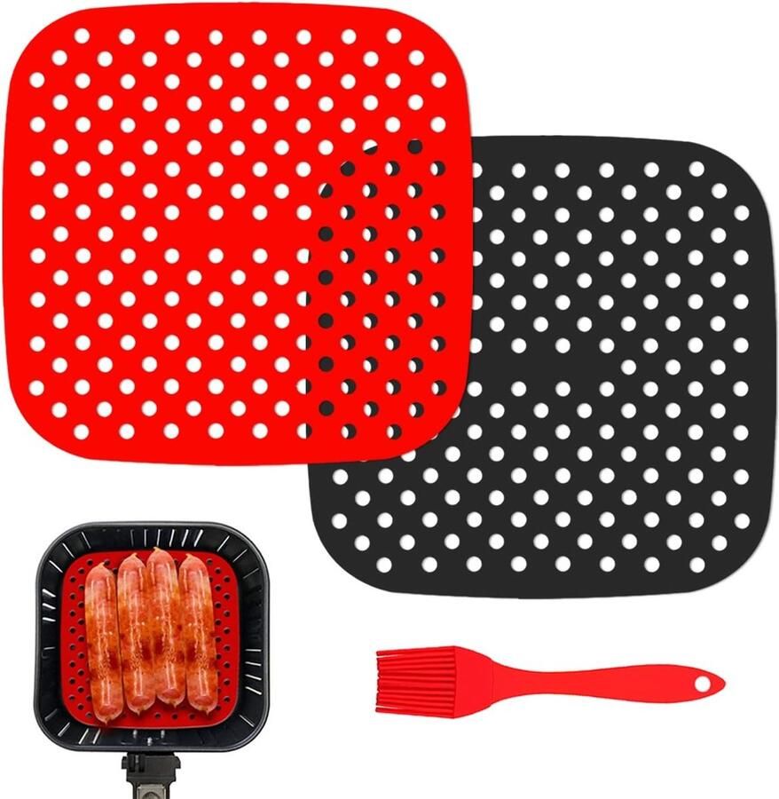 2 Stuks Antiaanbak Air Fryer Liners met Silikon Grillborstel voor Gezond Koken en Bakken in de Oven Geschikt voor Dampfkorven en Magnetron
