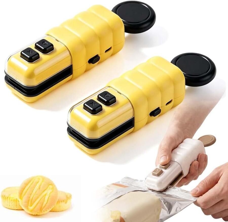 2 Stuks Bag Sealer Klein Draagbare Mini-Sluitmachine Draagbare Sluitmachine 2-In-1 Sealer en Snijder Handheld Sluitmachine Zak Sealers Met Magneet Oplaadbaar Ontwerp Voor Het Vers Houden Van Plastic Zakken Voedsel en Snacks Geel
