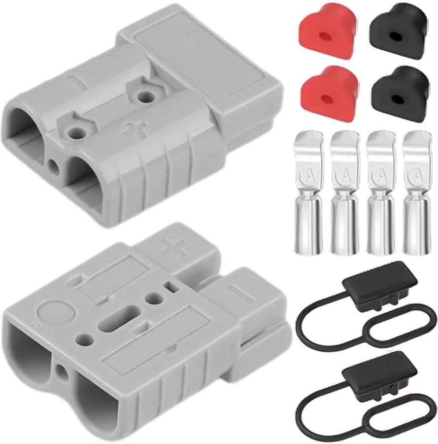 2 stuks batterij-snelkoppelingsstekkers 600 V 50 A hoogwaardige scheidingskoppeling voor 6-12 AWG-kabel vlamvertragend met stofdichte kap voor auto camper grasmaaier (grijs)