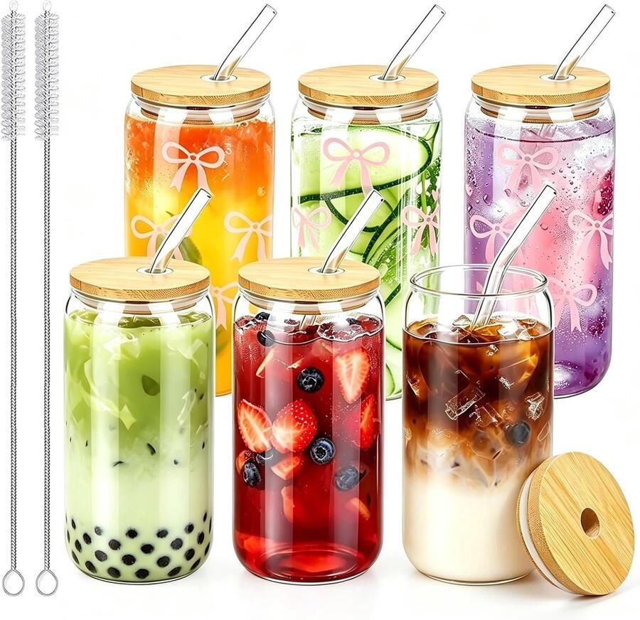 2 Stuks Drinkglazen met deksels en rietjes 16oz blikvormige glazen bekers