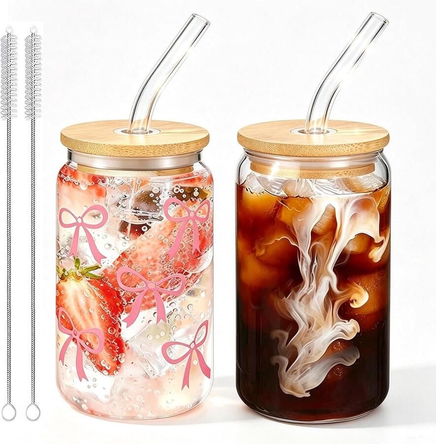 2 Stuks Drinkglazen met deksels en rietjes 16oz blikvormige glazen bekers