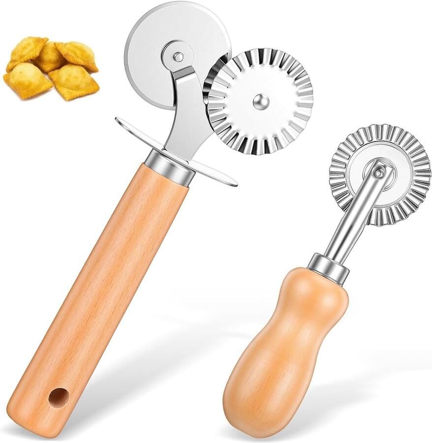 2 Stuks Dubbel Geribbelde Deegsnijder van RVS met Houten Handvat voor het Maken van Pasta Pizza en Gebak