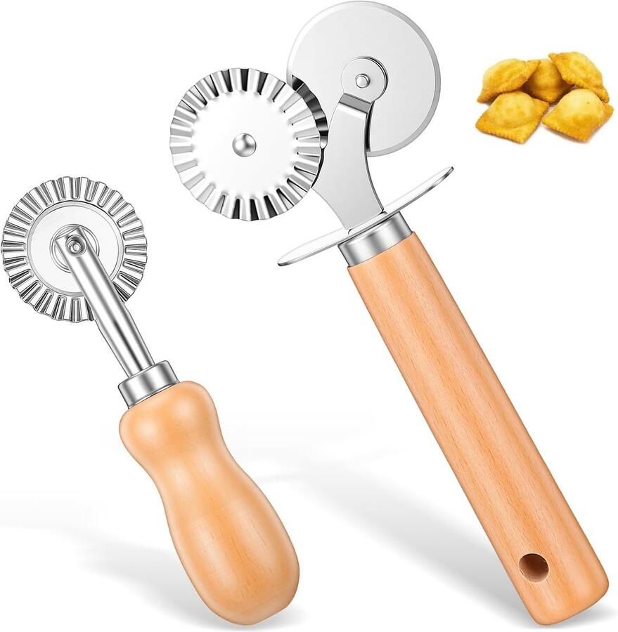 2 Stuks Dubbel Geribbelde Pastawiel Snijder van RVS met Houten Handvat voor het Maken van Ravioli Pizza en Deegwaren in de Keuken