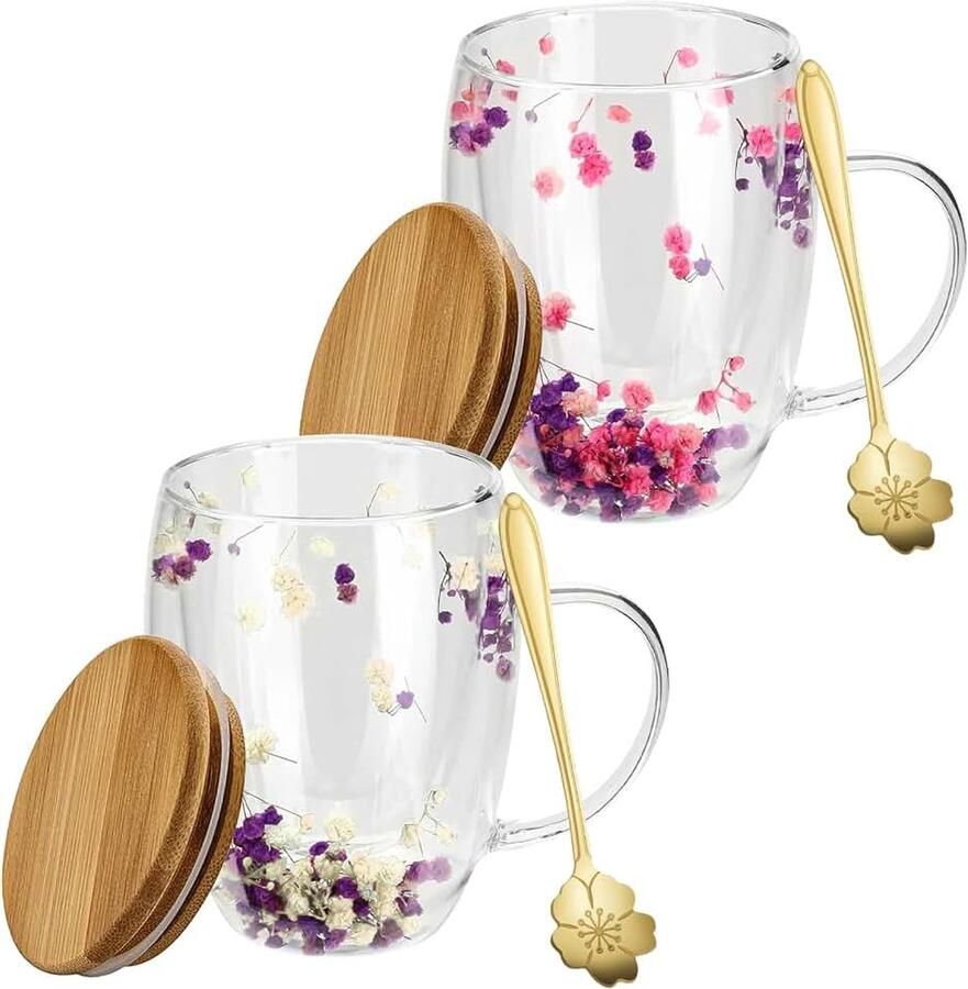 2 stuks dubbelwandige koffiekopjes met droogbloem 350 ml dubbelwandige glazen met handvat dubbellaagse glazen bekers gedroogde bloem koffiekopjes macchiato-glazen met droogbloemen voor thee
