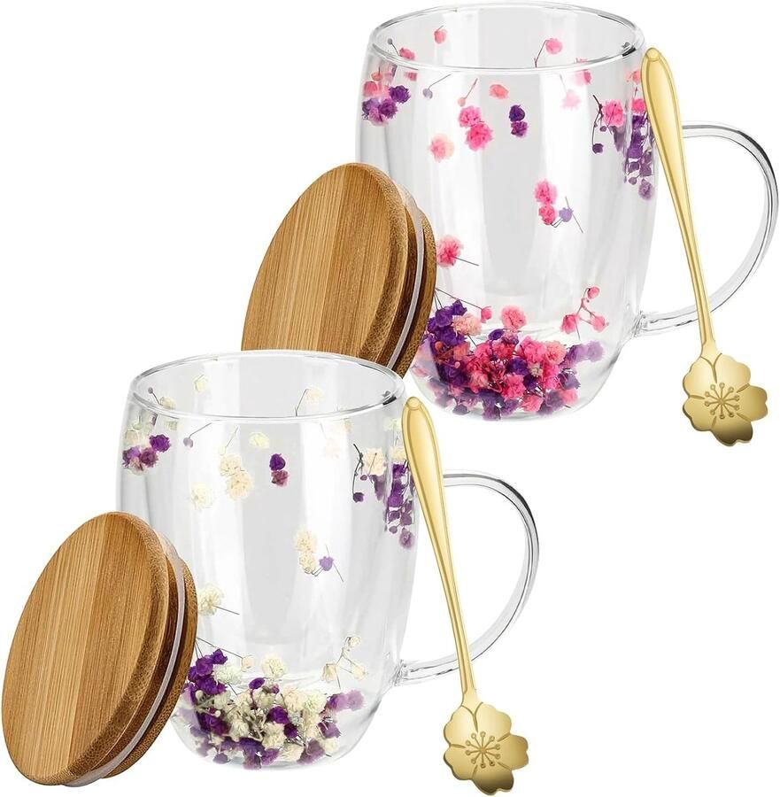 2 stuks dubbelwandige koffiekopjes met droogbloem 350 ml dubbelwandige glazen met handvat dubbellaagse glazen bekers gedroogde bloem koffiekopjes macchiato-glazen met droogbloemen voor thee