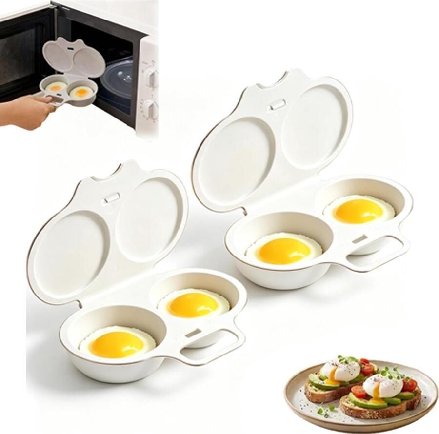 2 stuks Eierkoker magnetron Eierkoker 2 eieren Magnetron-eierkoker Plastic eierfriteuse Eierstoomvorm Met deksel en handvat Hittebestendig Snel ei koken bakken 16x11.5x3cm Wit
