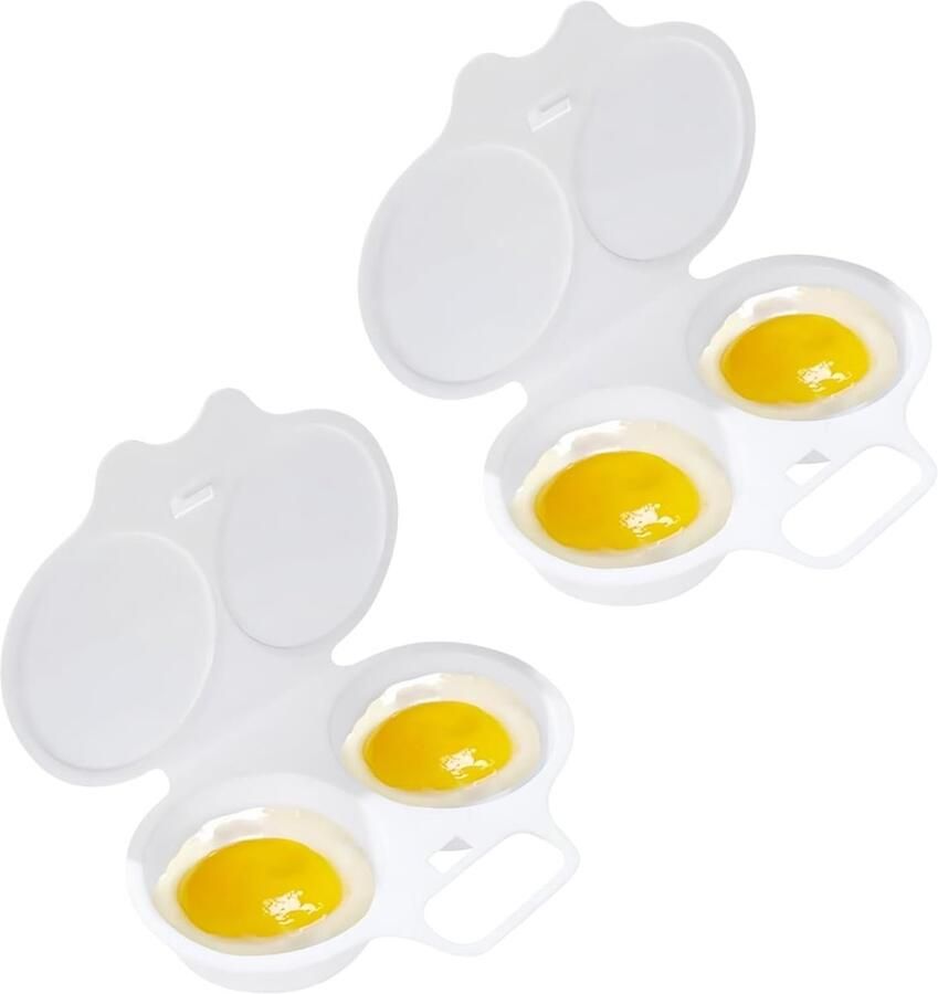 2 stuks Eierkoker Magnetron Eierkoker Eierstoompan Ei Koker Dubbele Houders PP plastic stoombekers met deksel Keukengereedschap Keukengerei anti aanbaklaag 16*11.5*3 cm wit