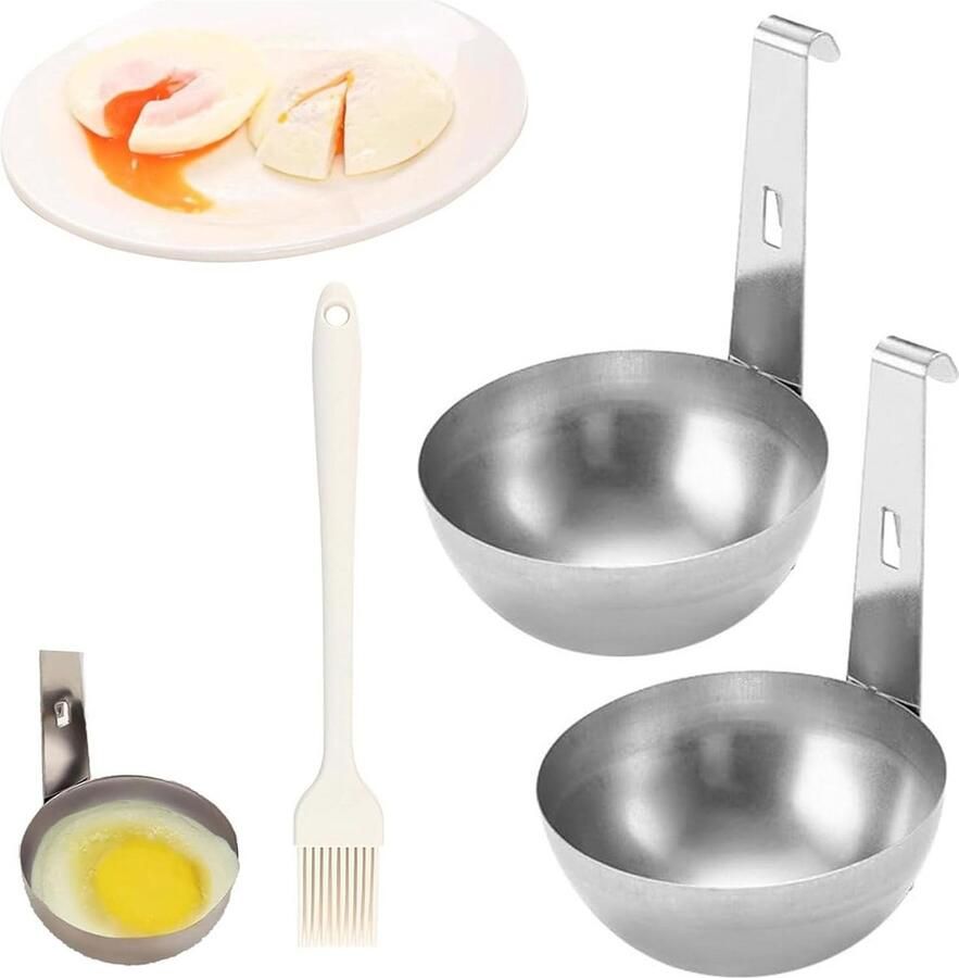 2 Stuks Eierpocher Set met Borstel Anti-Aanbak Hangoor Vormen voor Perfect Gepocheerde Eieren