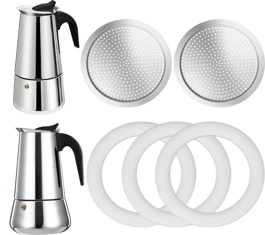 2 Stuks Filter met 3 Stuks Siliconen Pakkingen voor 4 Kopjes Kookplaat Espresso Koffiezetapparaat Vervangende Onderdelen voor Grote Tummy en Rechte RVS Moka Pot