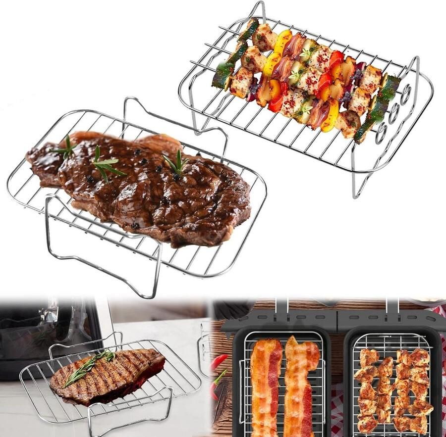 2 stuks Gelaagde Dehydrator Rekken en Spiesenrek van 304 Roestvrij Staal voor Ninja Food Dual Zone Air Fryer [AF300UK] [AF400UK]