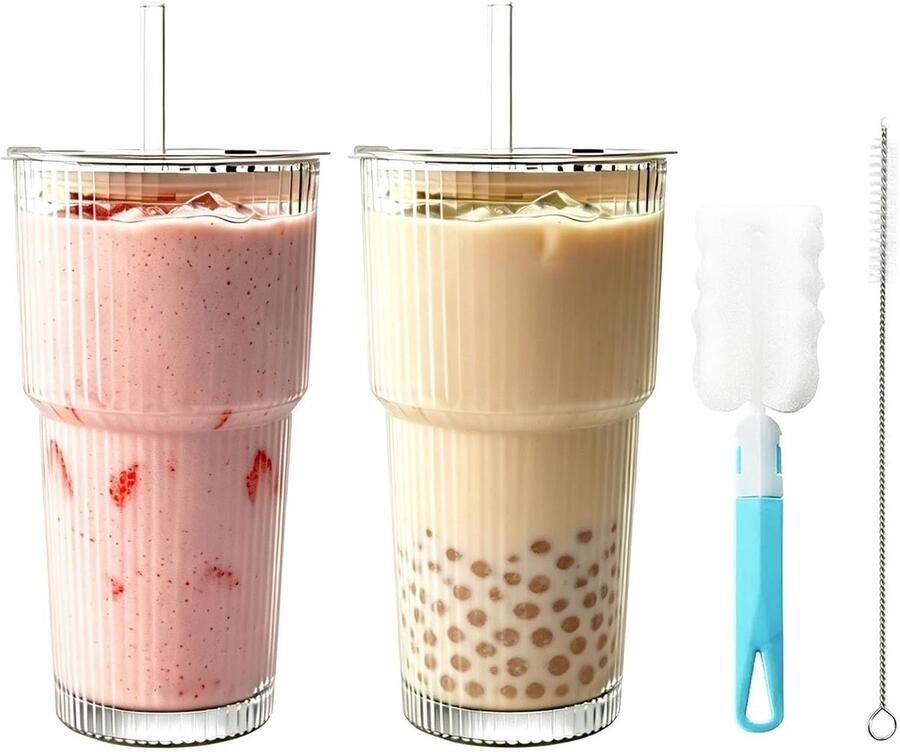 2 stuks geribbelde glazen bekers glazen bekers drinkglas gestreept glas met deksel en rietje 600 ml glas met deksel en rietje glazen theekop met reinigingsborstel voor matcha water