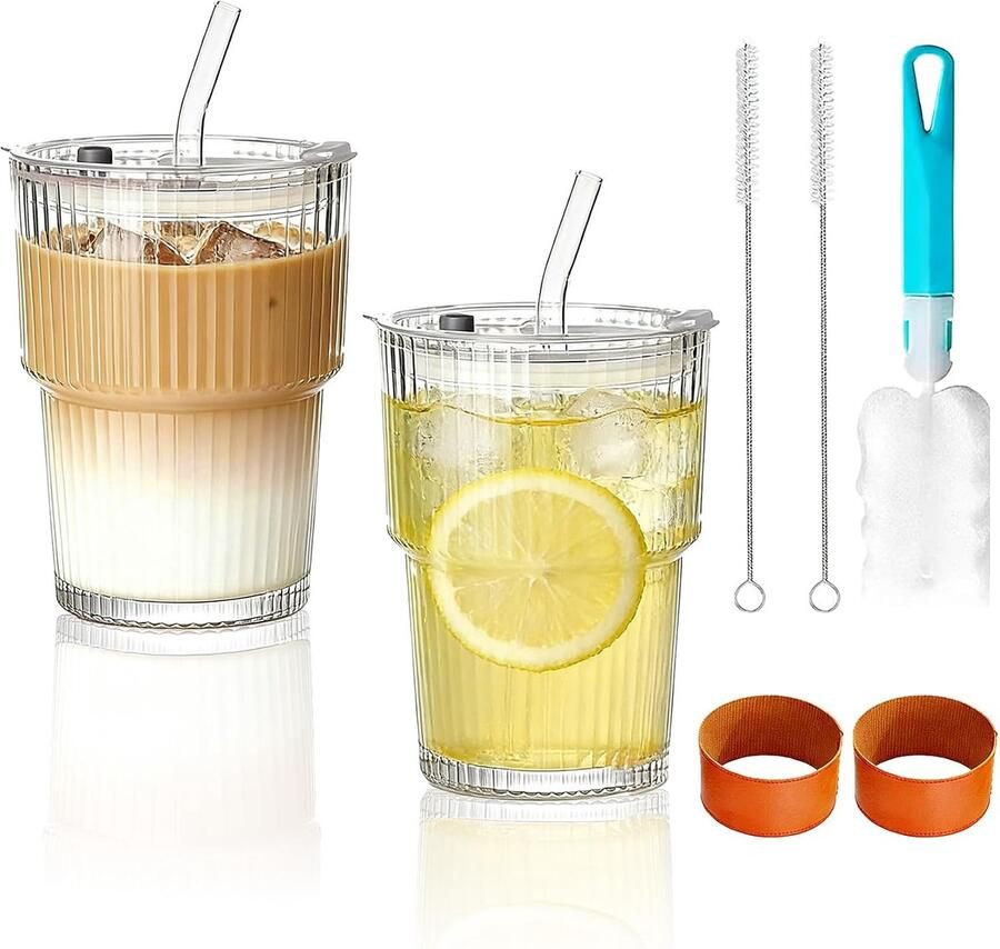2 stuks geribbelde glazen bekers met deksel 400 ml