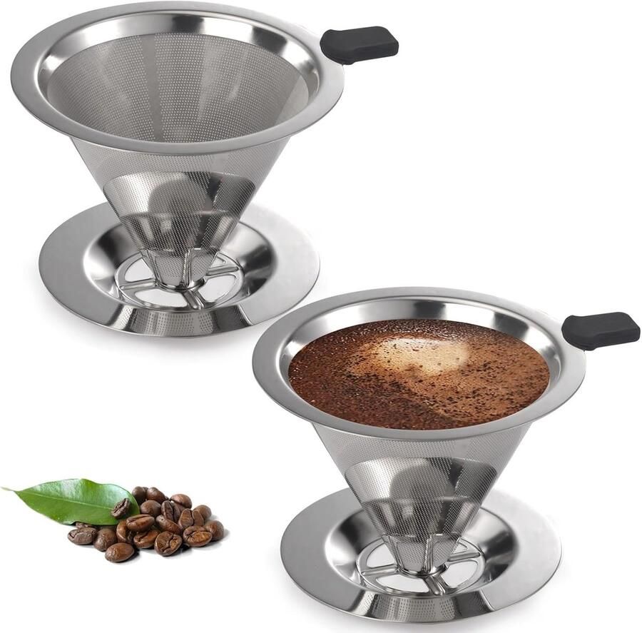 2 stuks giet over koffiezetapparaat papierloze herbruikbare koffiefilter giet over koffiedruppelaar voor een enkele kop brouwen dubbellaagse roestvrijstalen kegelzeef 1-3 kop medium