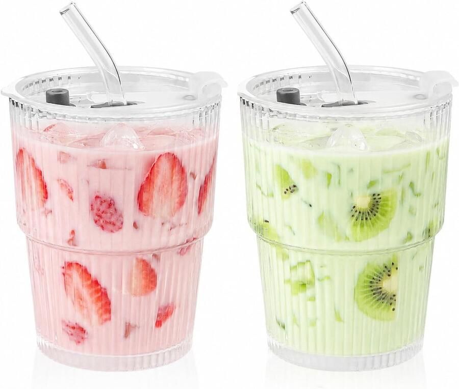 2 stuks glazen bekers met deksel en rietje 400 ml matcha-glas ijskoffieglazen luchtdicht waterdicht design smoothiebekers voor sap water thee melk latte