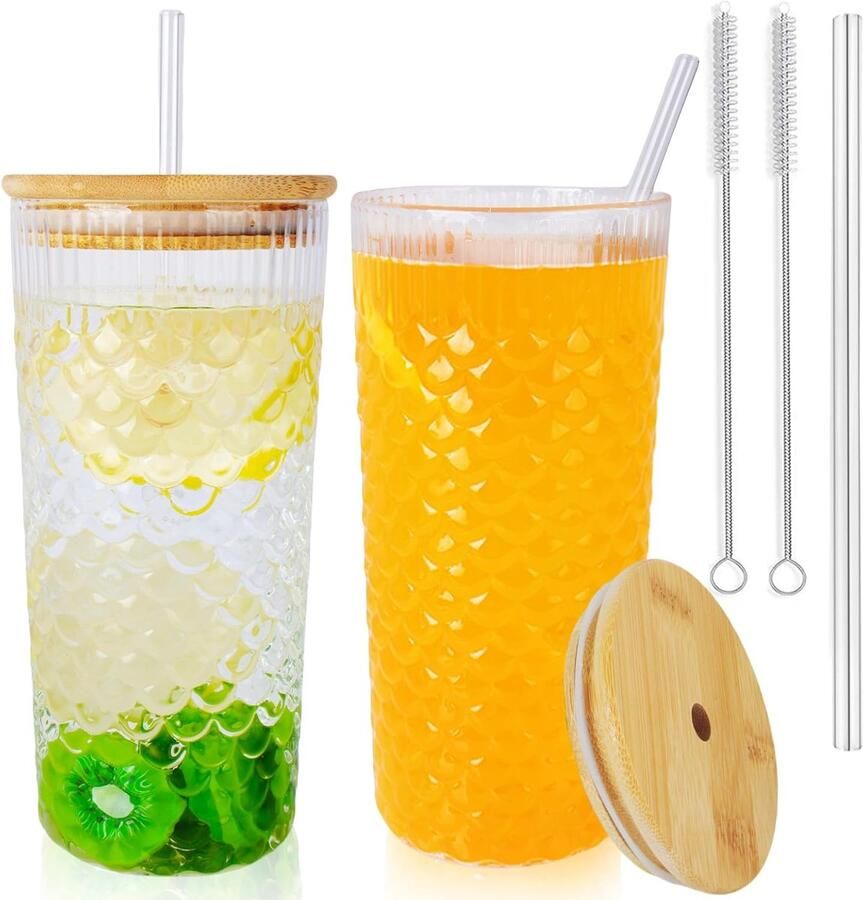 2 stuks glazen bekers van 650 ml met deksels en rietjes glazen beker van 650 ml glazen bekers met rietje en deksel voor water bier cocktail thee cola sap frisdrank