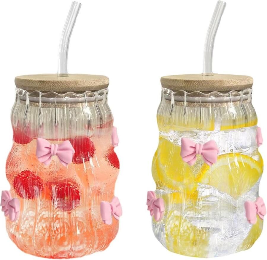 2 stuks glazen met deksel en rietje 450 ml glazen bubbelglazen met rietje en deksel voor ijskoffie latte macchiato melk