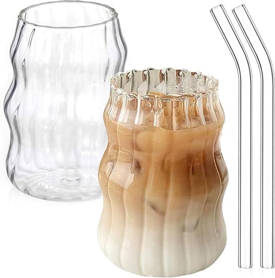 2 stuks glazen met rietje 530 ml koffieglazen latte macchiatglas bubbelglas van borosilicaatglas voor espressokopjes cappuccino mojito matcha milkshake drinkglazen